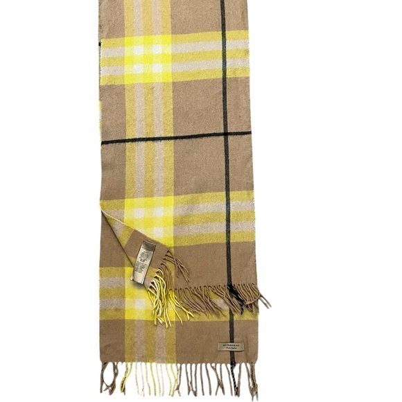 BURBERRY London Rare Tan Yellow & Black Plaid 100% Cashmere Fringed Scarf - Picture 2 of 5